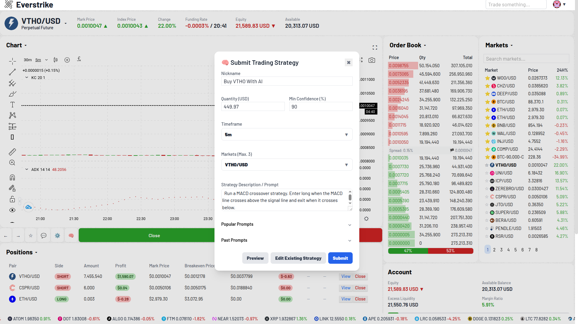 Trading platform dashboard interface